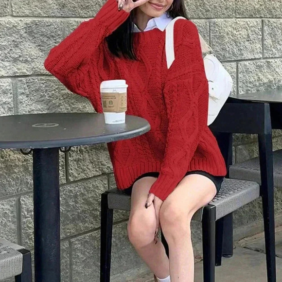 Deep Red Casual Women's Cable Knit Crew Neck Loose Long Sleeve Sweater - Picture 6 of 6